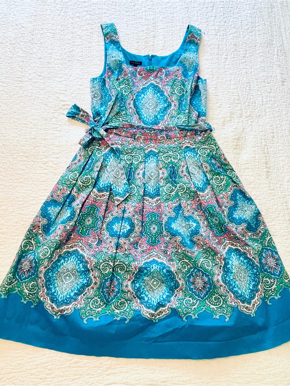 Talbots Turquoise Paisley Fit-and-Flare Dress with Pink & Green Accents